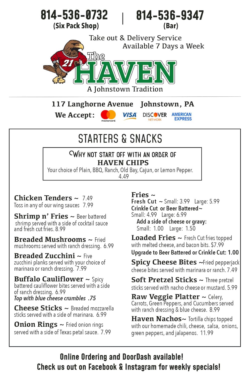 The Haven Menu - Johnstown, PA