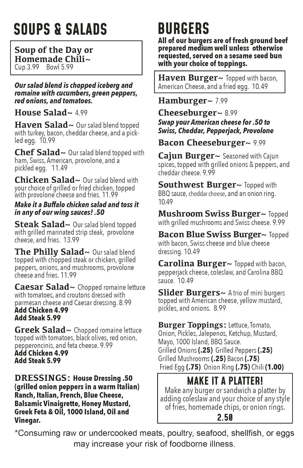 The Haven Menu - Johnstown, PA