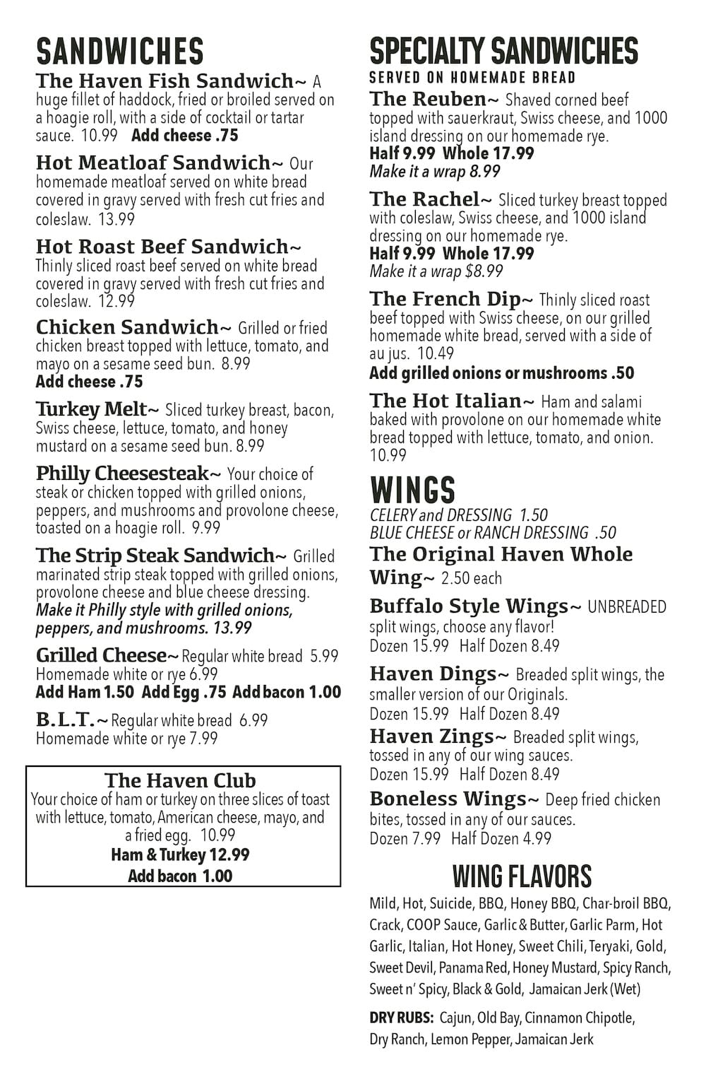 The Haven Menu - Johnstown, PA