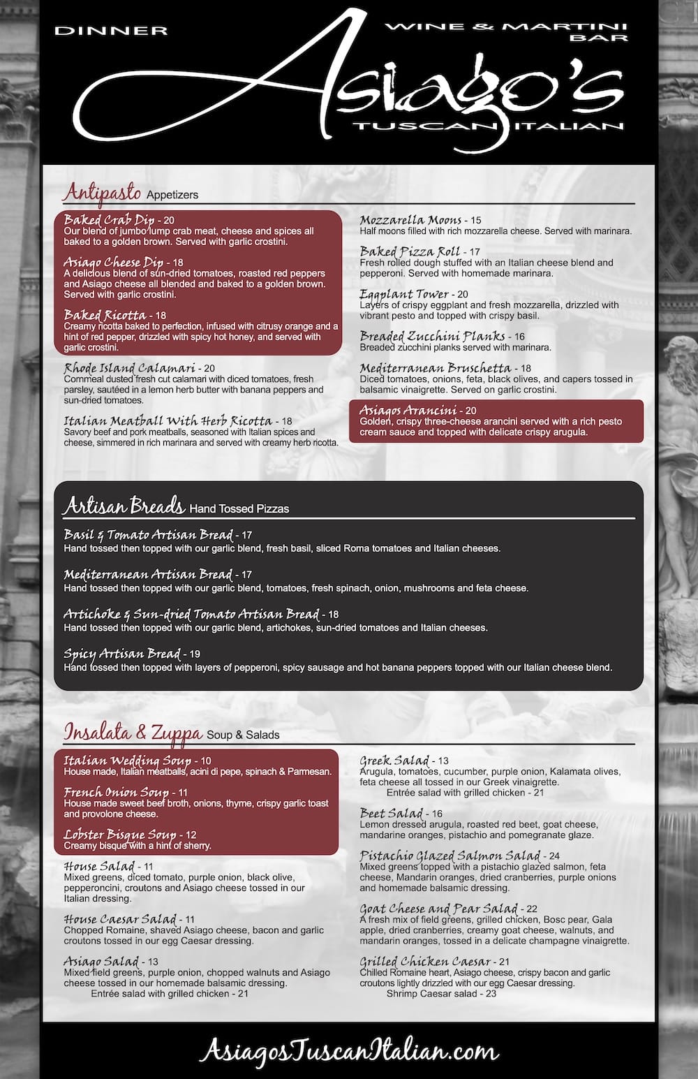 Asiagos Tuscan Italian - Dinner Menu