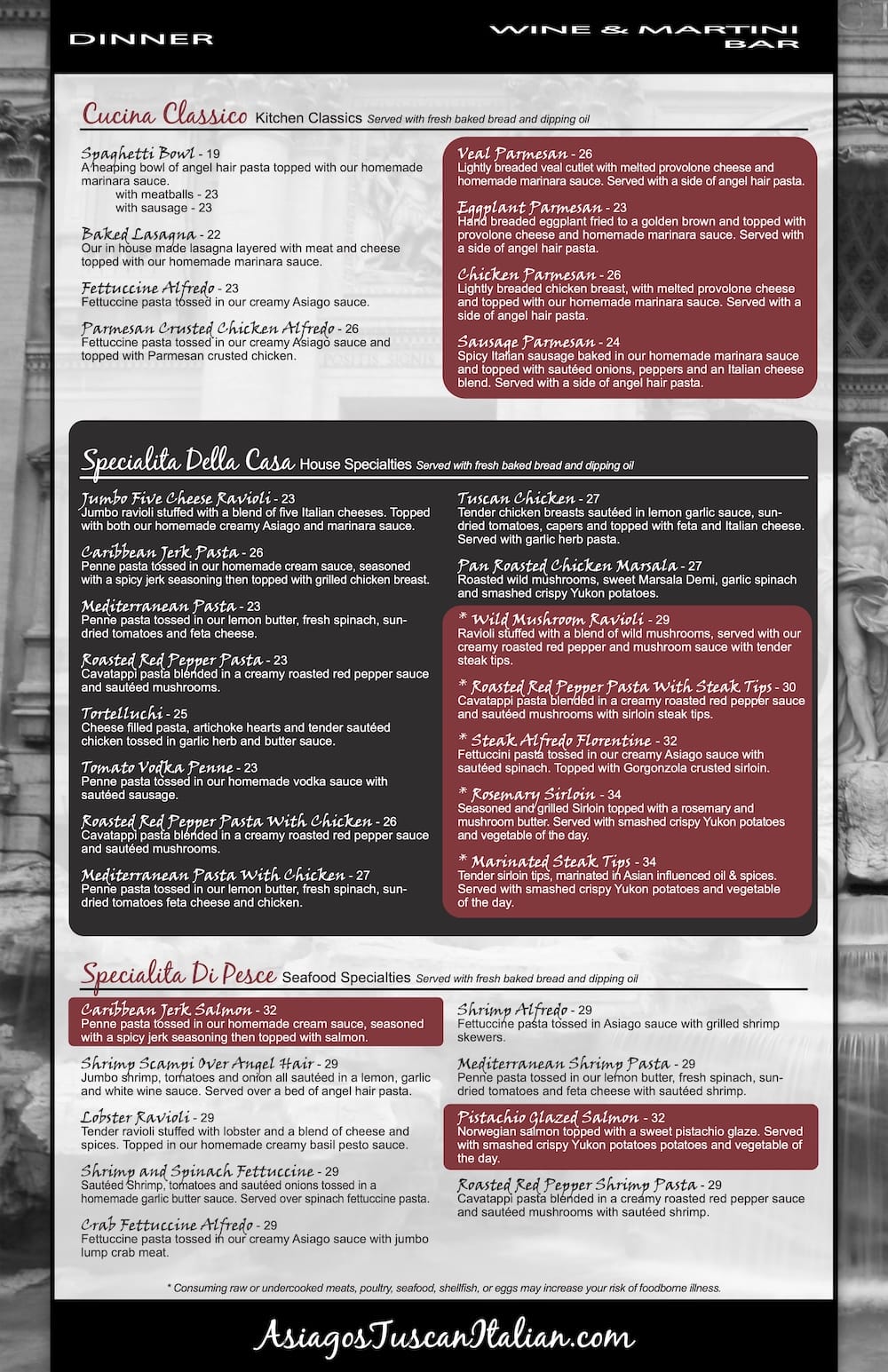 Asiagos Tuscan Italian - Dinner Menu