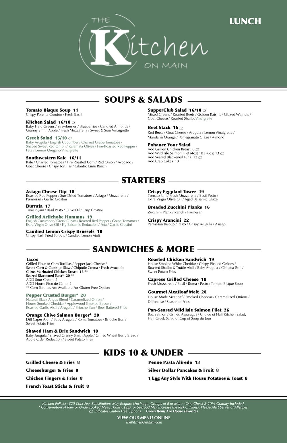 The Kitchen on Main Lunch Menu