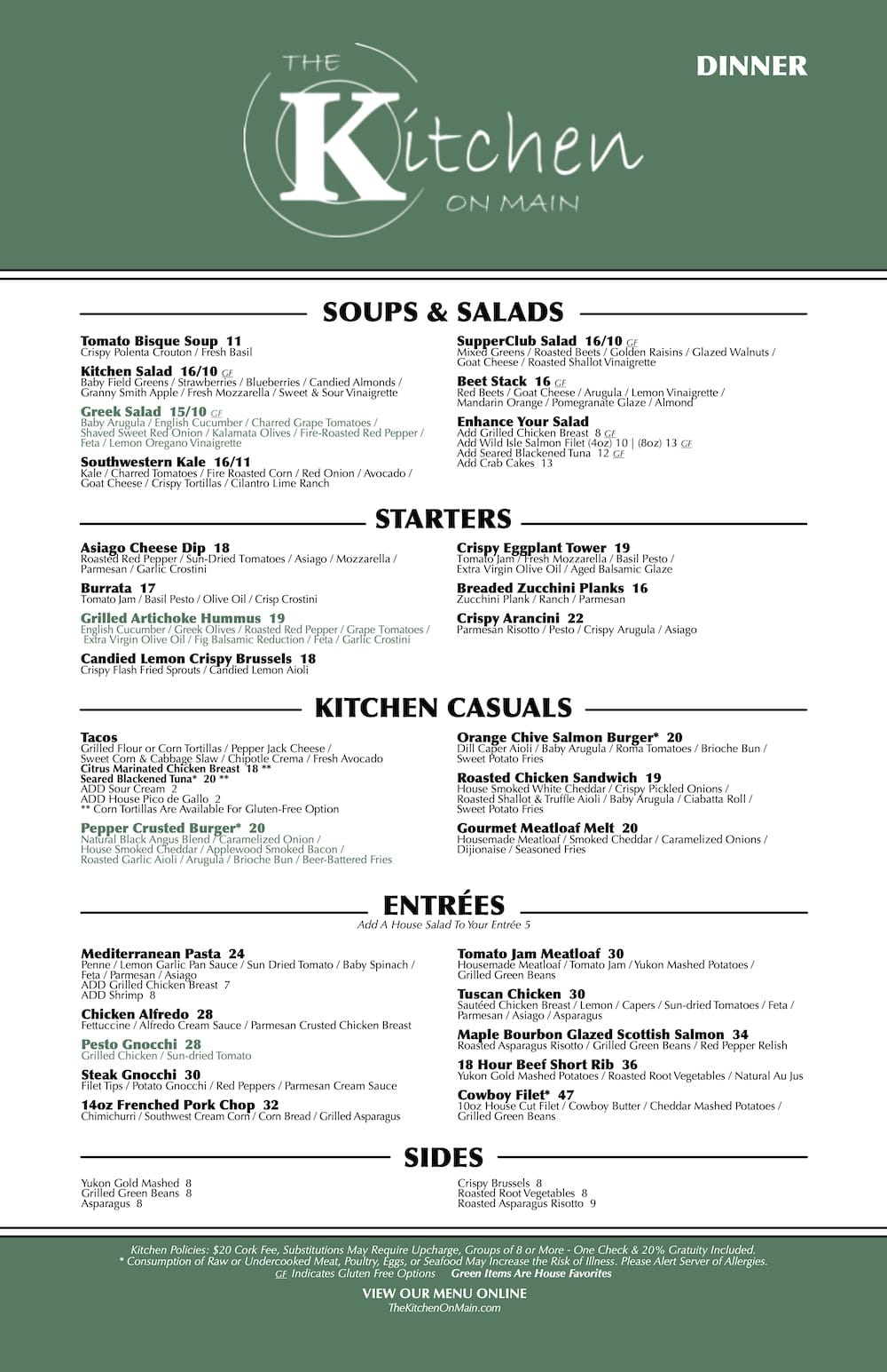 The Kitchen on Main Dinner Menu