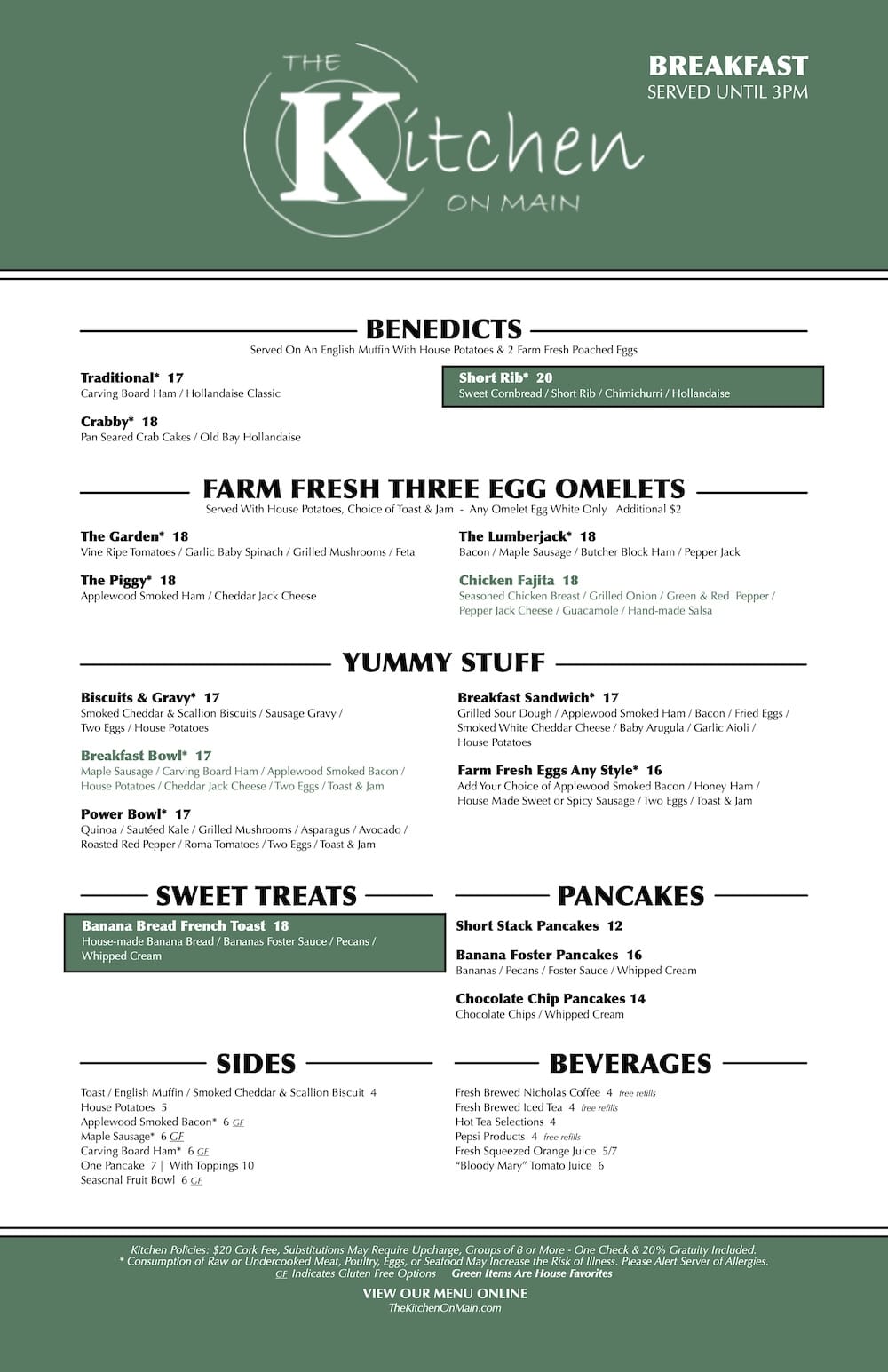 The Kitchen on Main Breakfast Menu