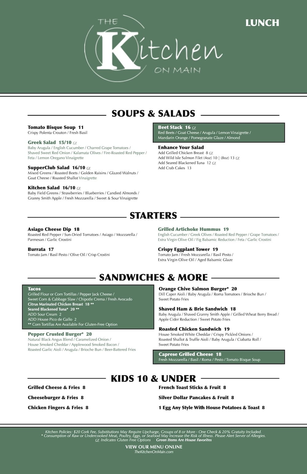 The Kitchen on Main Lunch Menu