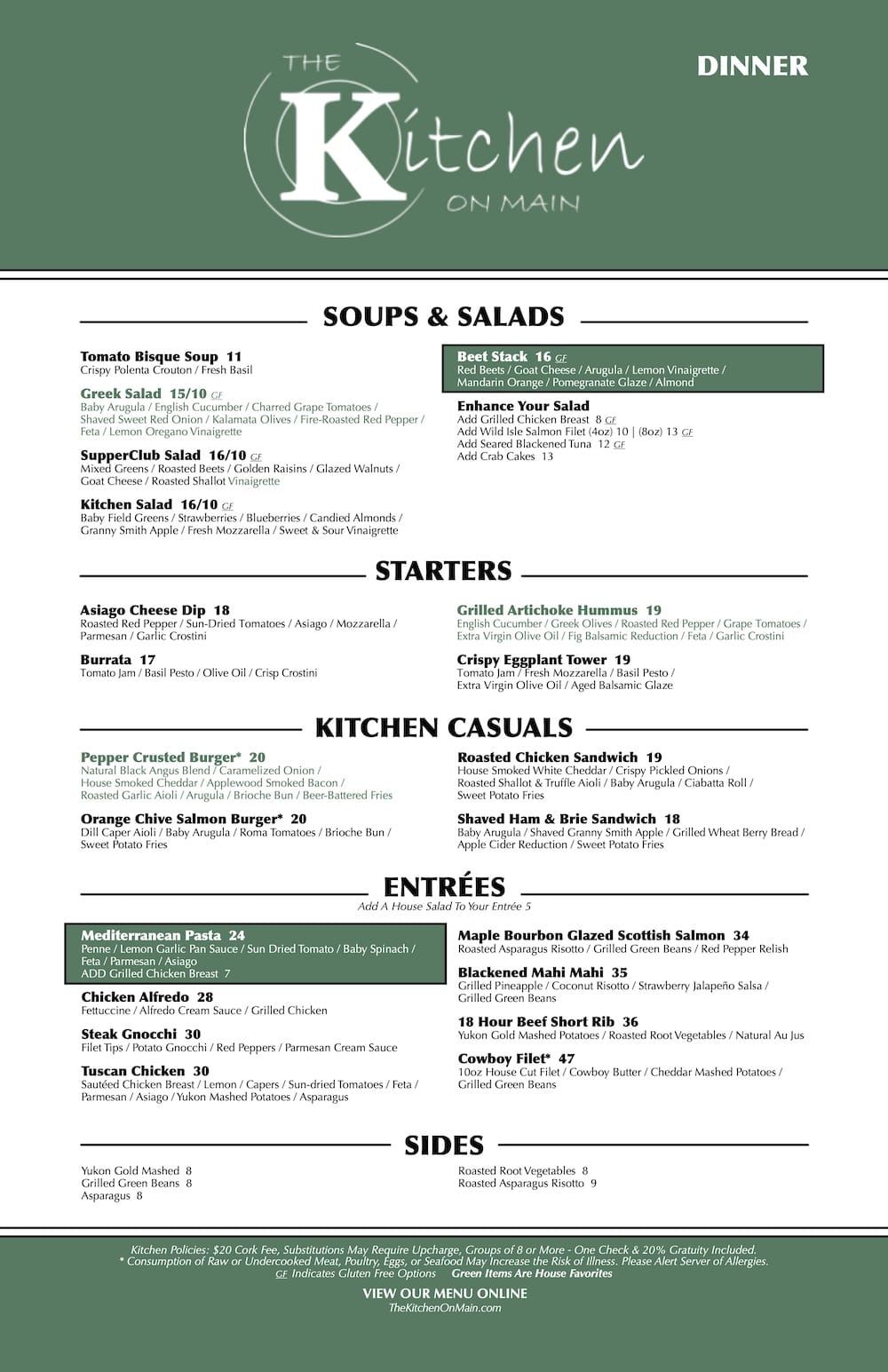 The Kitchen on Main Dinner Menu