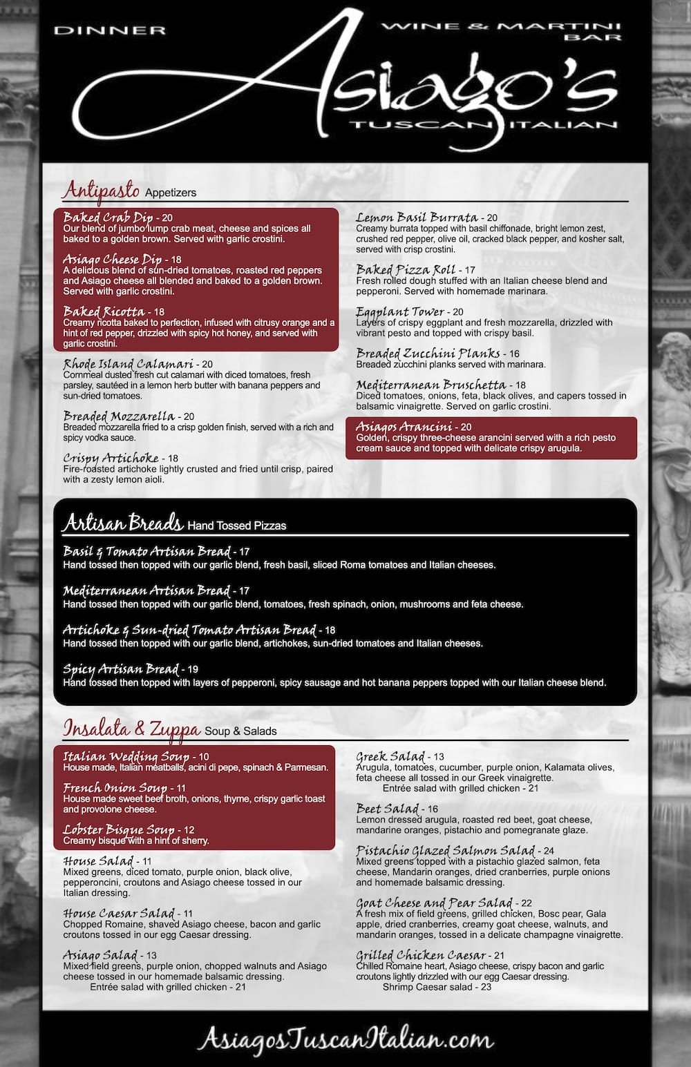 Asiagos Tuscan Italian - Dinner Menu