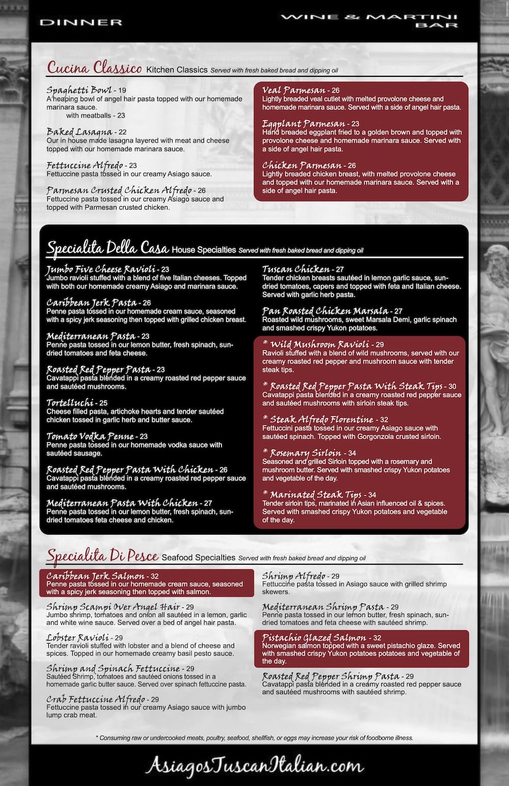 Asiagos Tuscan Italian - Dinner Menu