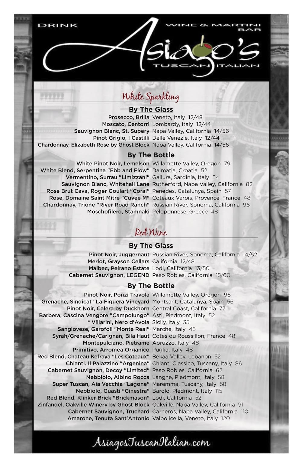 Asiagos Tuscan Italian - Drink Menu