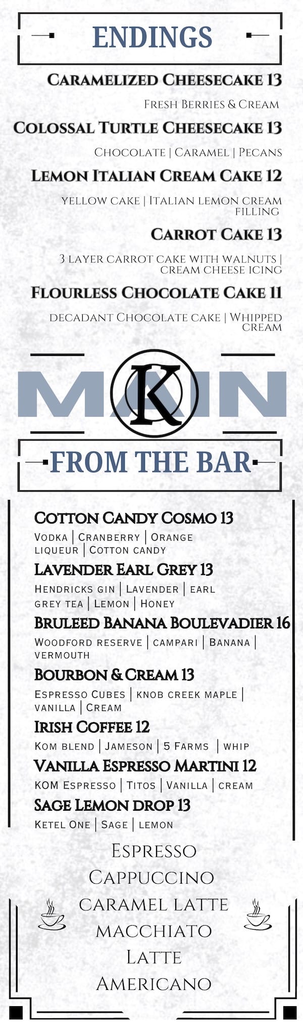 The Kitchen on Main Dessert menu.